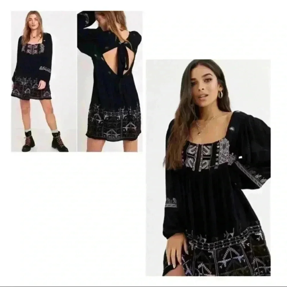 Free People Rhiannon Embroidered Babydoll Long Sleeve boho Dress